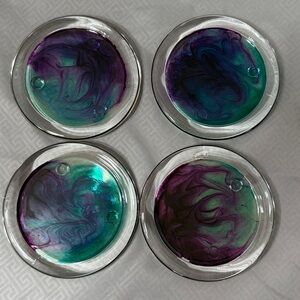 4 Expoxy Resin Coasters Galaxy Art Effect  Purple Green Abstract Hippie Design